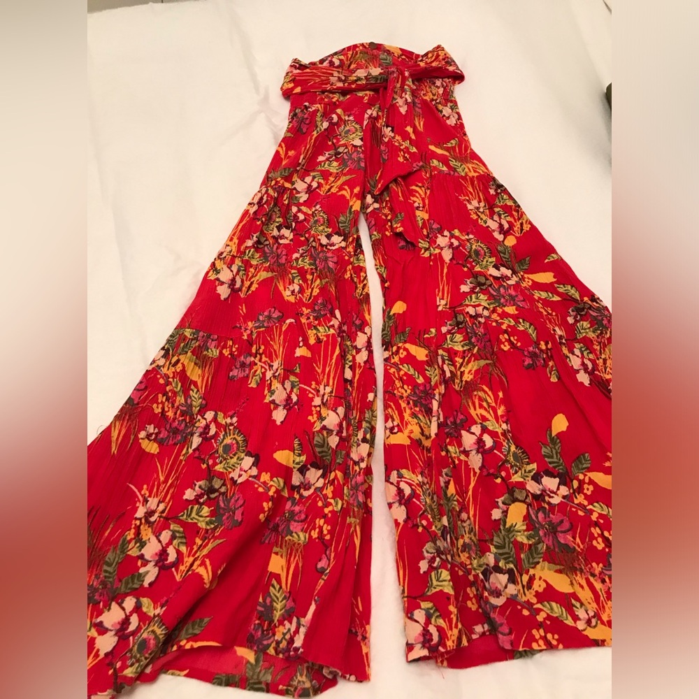 Free People FP One Aloha Floral Printed Wide Leg Flare Loose Pant M Tie Boho - Picture 5 of 10